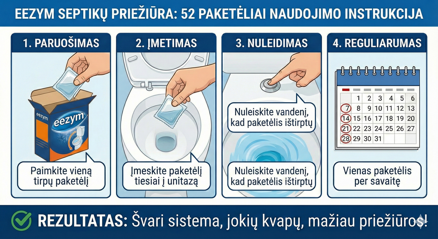 Biologinis aktyvatorius nuotekoms - kanalizacijai Eezym tirpiuose maišeliuose (1,3kg)